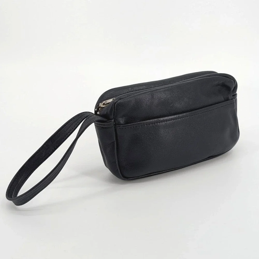 Vintage Navy Blue Leather Wristlet Toiletry Clutch‎ Zip Pouch Bag Front Pocket